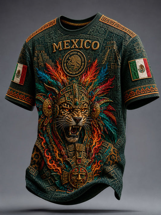 Men's Mexico Yaotl Mictlan Art Independence Day Printed T-shirt