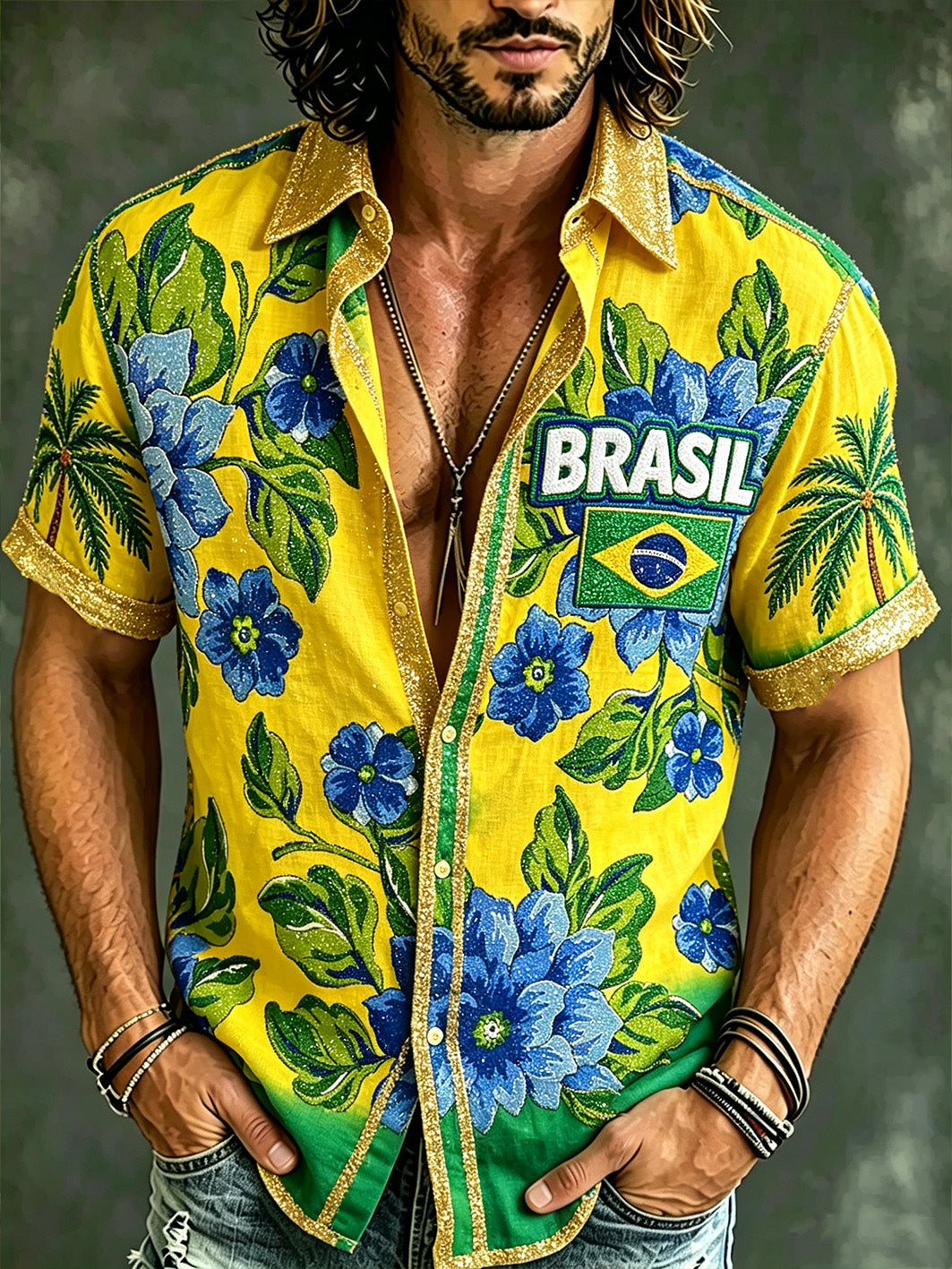 Men's Brazilian Tropical Floral Print Short Sleeve Shirt
