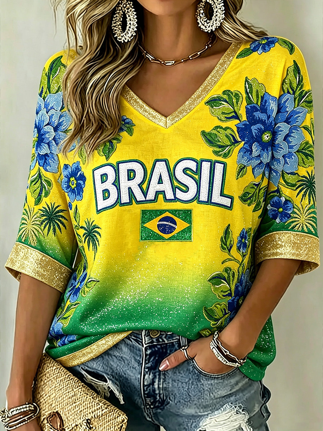 Women's Brazilian Tropical Floral Print Mid-length Sleeves V-Neck T-Shirt