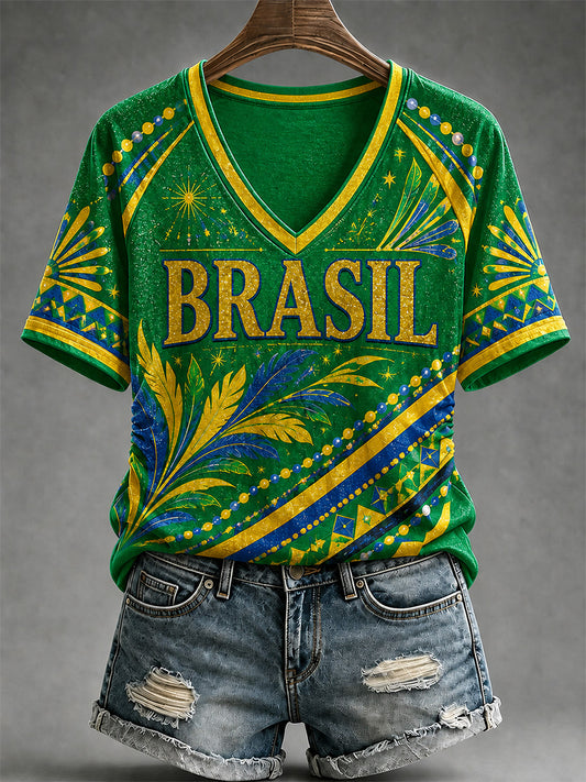 Women's Brasil Print Casual V-Neck Tee