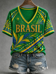 Women's Brasil Print Casual V-Neck Tee