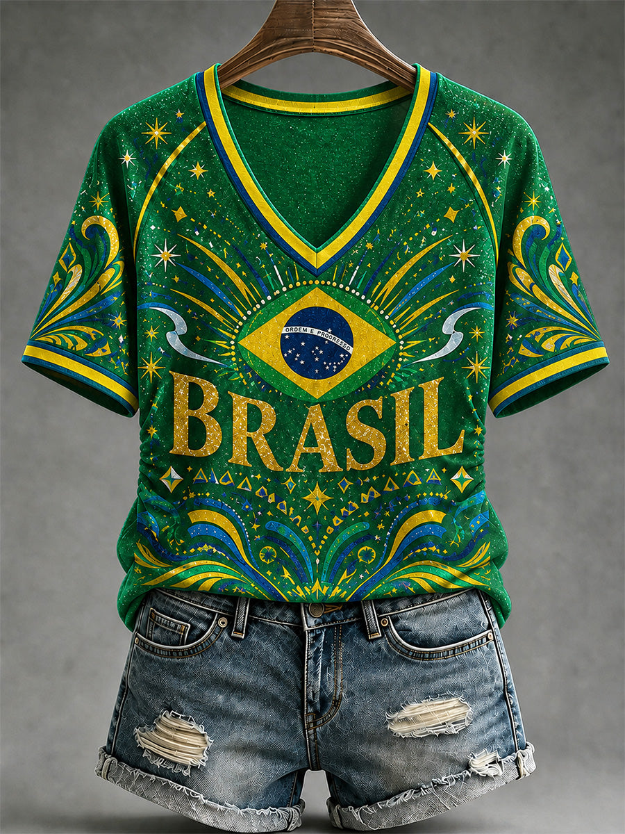 Women's Brasil Print Casual V-Neck Tee