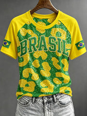 Women's Brasil Leopard Pattern Flag Glitter Print Round Neck Short Sleeve T-shirt