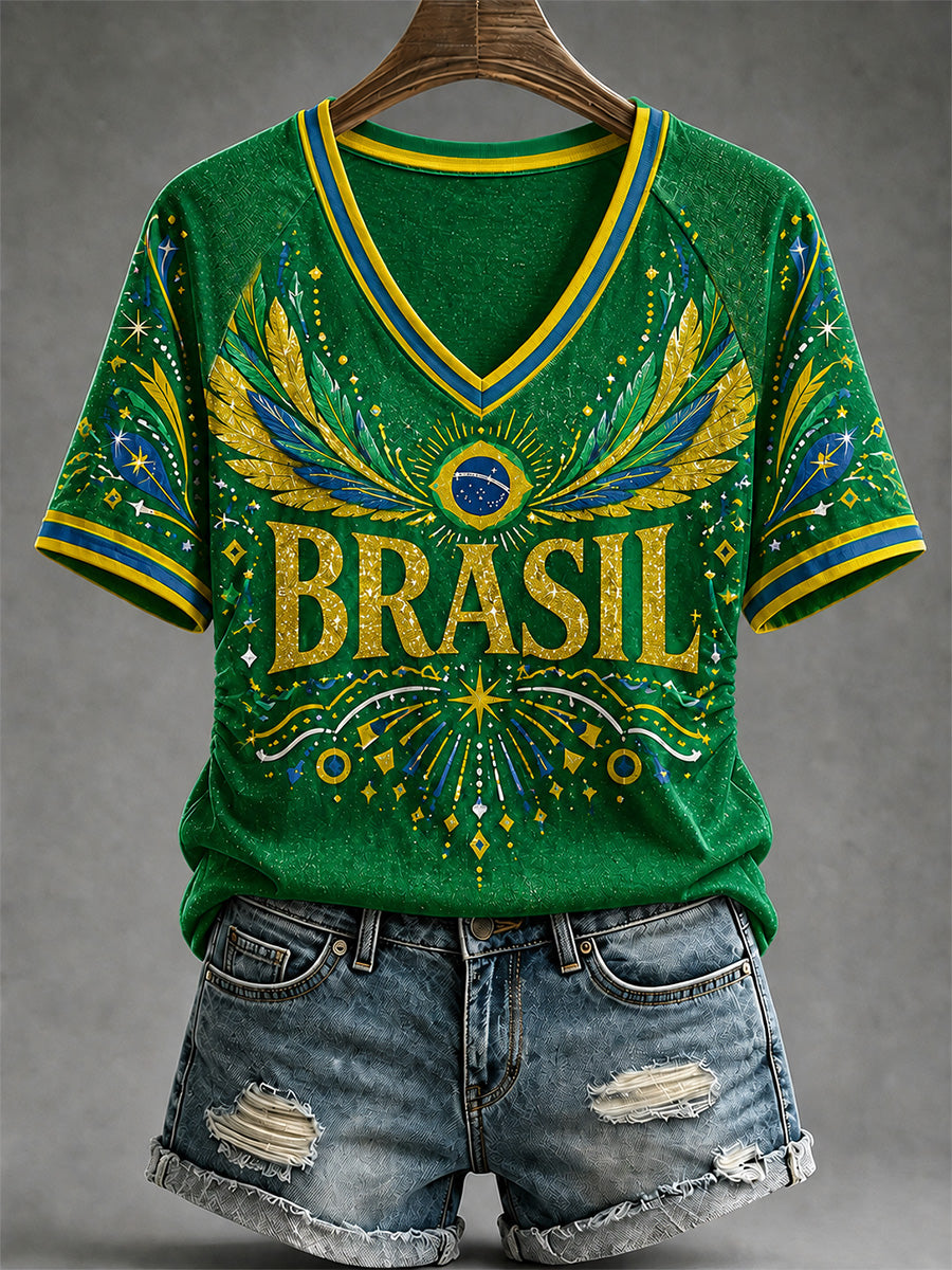 Women's Brasil Print Casual V-Neck Tee
