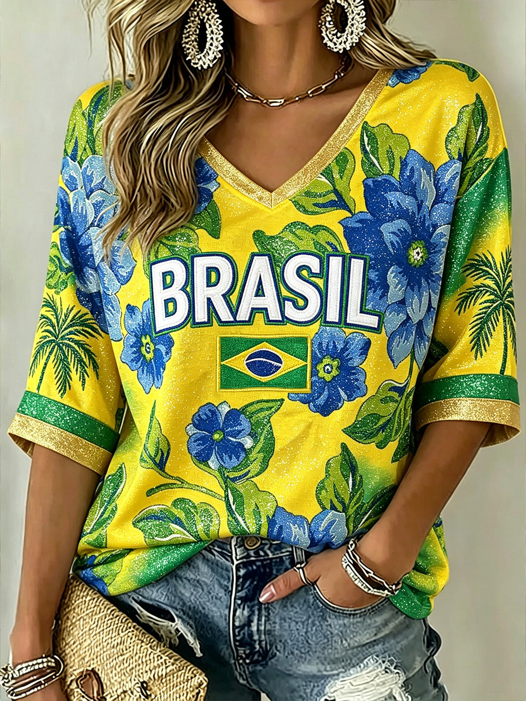 Women's Brazilian Tropical Floral Print Mid-length Sleeves V-Neck T-Shirt