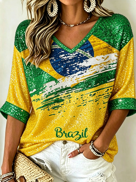 Women's Mid-length Sleeves V-Neck T-Shirt