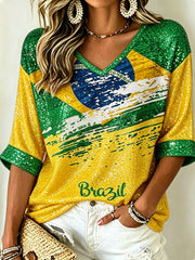 Women's Mid-length Sleeves V-Neck T-Shirt