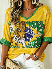 Women's Mid-length Sleeves V-Neck T-Shirt