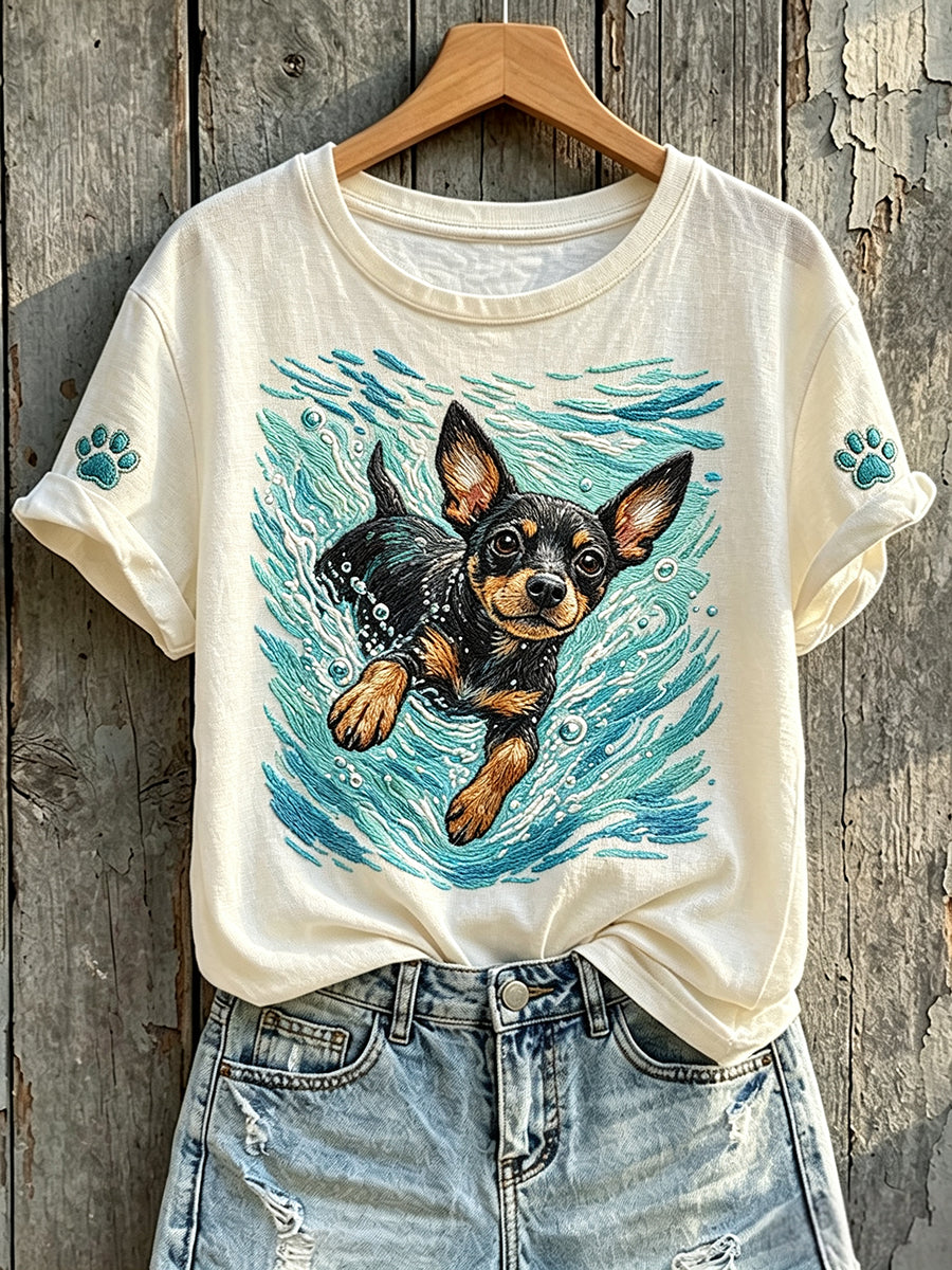Women's Cute Swimming Chihuahua Dog Print Short-sleeved T-shirt