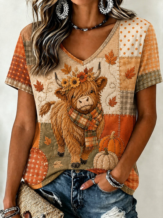 Women's Fall Patchwork Print Casual V-Neck T-Shirt