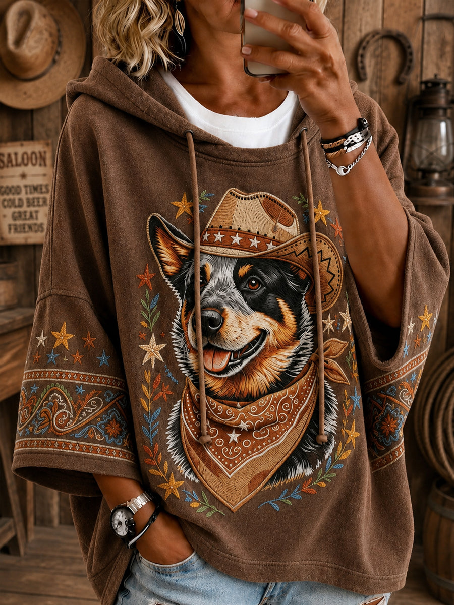 Women's Retro Western Cowboy Dog  Casual Loose Hoodie