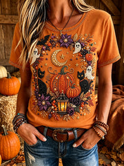 Women's Halloween Bead Cats And Pumpkins Art Print Short-sleeved T-shirt