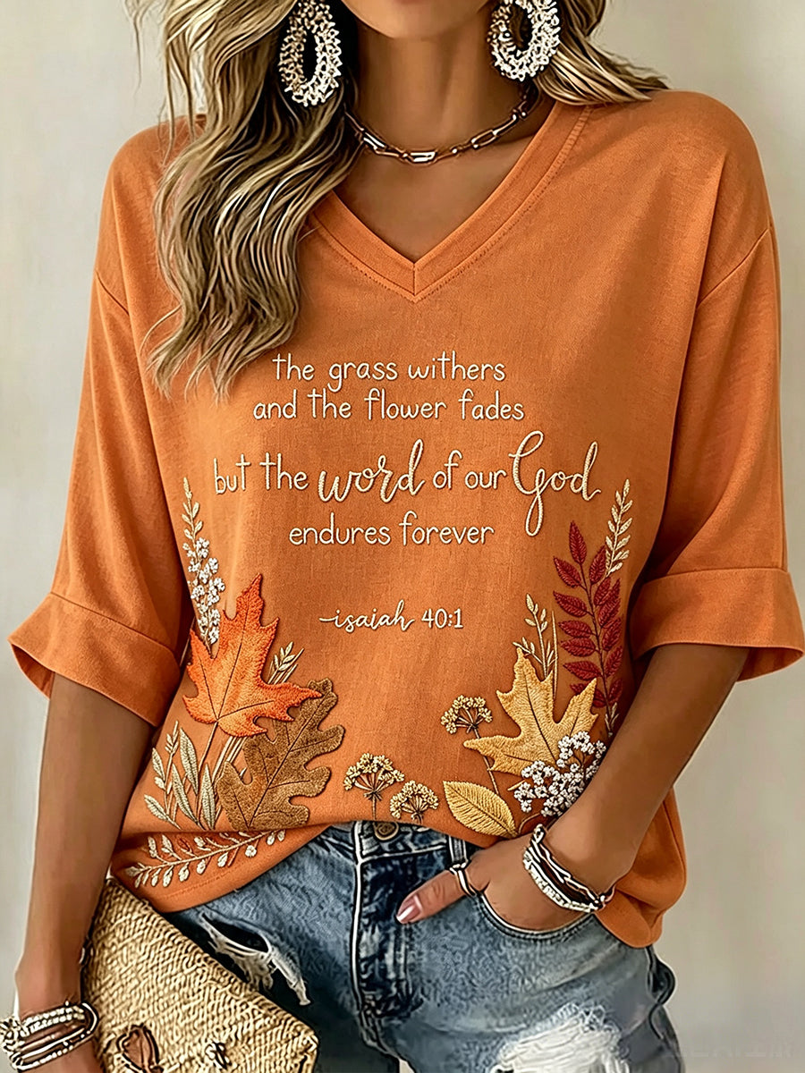 Women's The Word Of Our God Fall Faith Art Print Mid-length Sleeves V-Neck T-Shirt