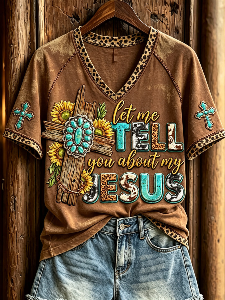 Women's Let Me Tell You About My Jesus Turquoise Cross Western Print short-sleeved T-shirt