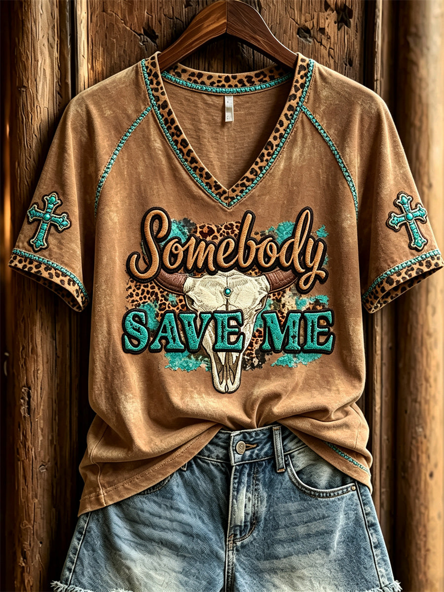 Women's Somebody Save Me Bull Skull Turquoise Cross Western Print short-sleeved T-shirt