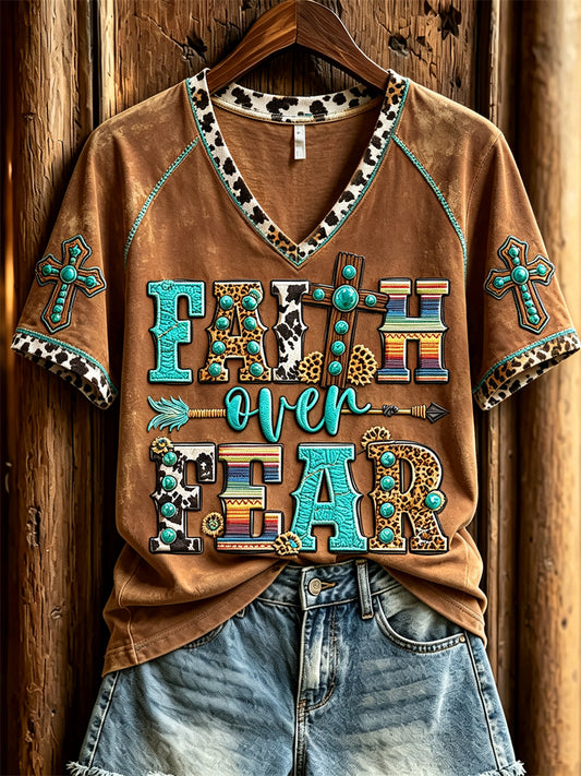 Women's Faith Over Fear Turquoise Cross Western Print short-sleeved T-shirt