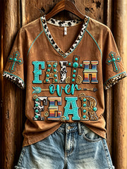 Women's Faith Over Fear Turquoise Cross Western Print short-sleeved T-shirt