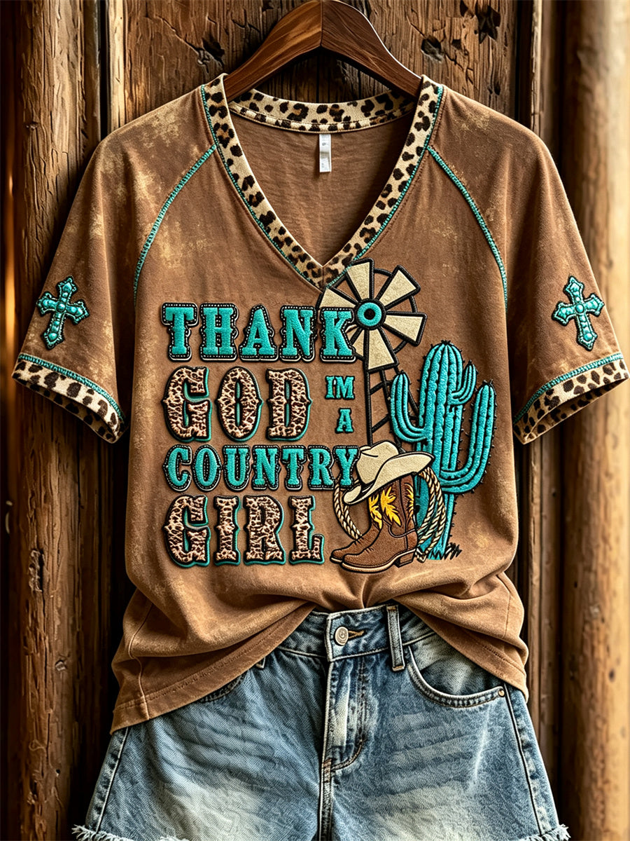 Women's Thank God I'm A Country Girl Turquoise Cross Western Print short-sleeved T-shirt