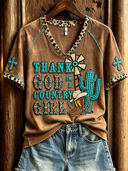 Women's Thank God I'm A Country Girl Turquoise Cross Western Print short-sleeved T-shirt