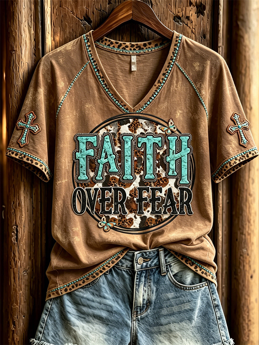 Women's Faith Over Fear Turquoise Cross Western Print short-sleeved T-shirt