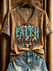 Women's Faith Over Fear Turquoise Cross Western Print short-sleeved T-shirt