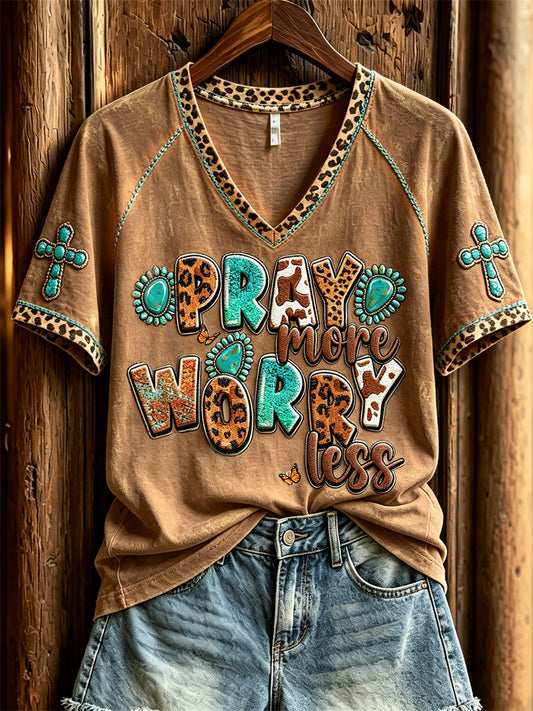 Women's Pray More Worry Less Turquoise Cross Western Print short-sleeved T-shirt