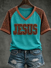 Women's Retro Western Christian Jesus V-neck Short Sleeve T-shirt