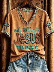 Women's Only Talking to Jesus Today Turquoise Cross Leopard Western Print short sleeve T-shirt