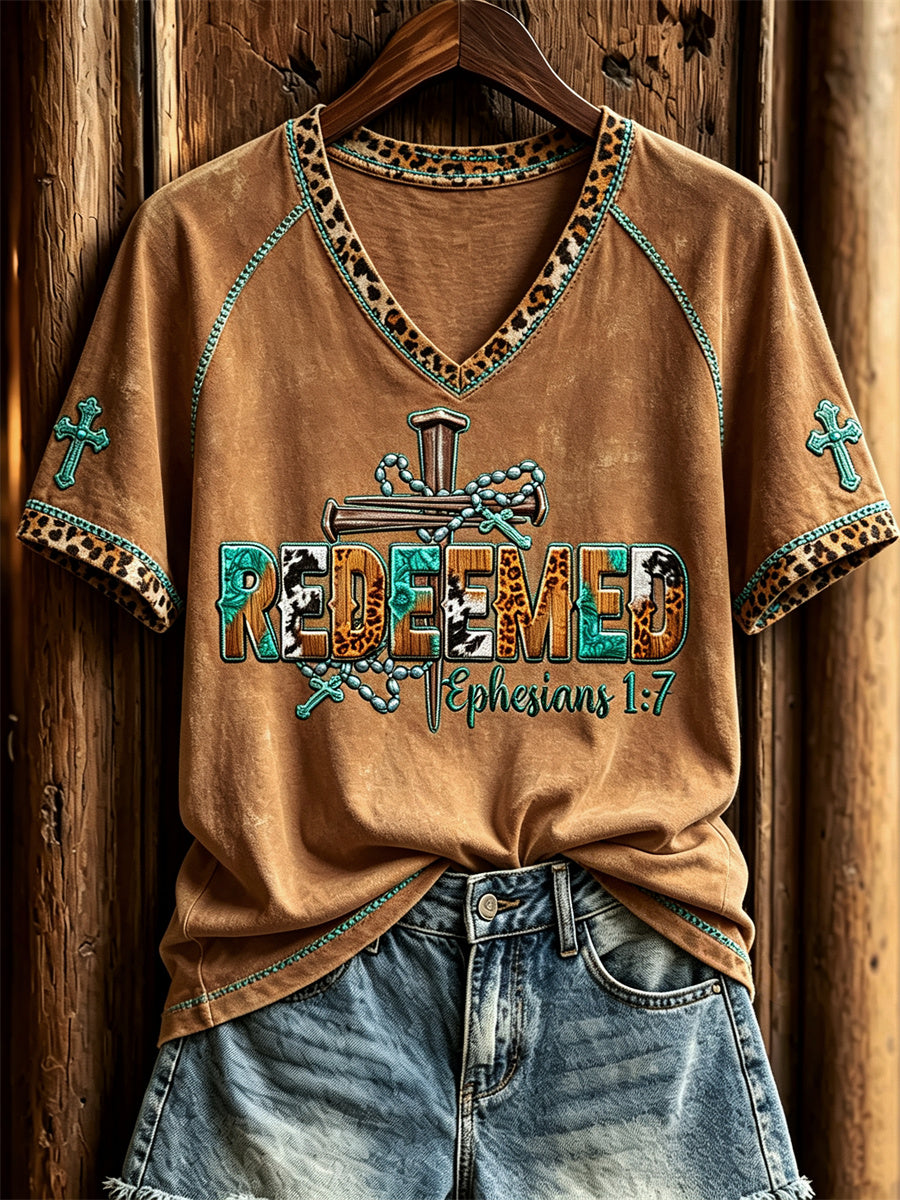 Women's Redeemed Turquoise Cross Leopard Western Print short sleeve T-shirt