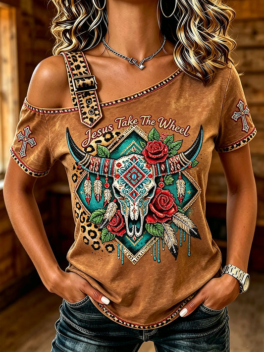 Women's  Western Wind Element Pattern Printed Casual Off-the-Shoulder Short-Sleeve T-Shirt