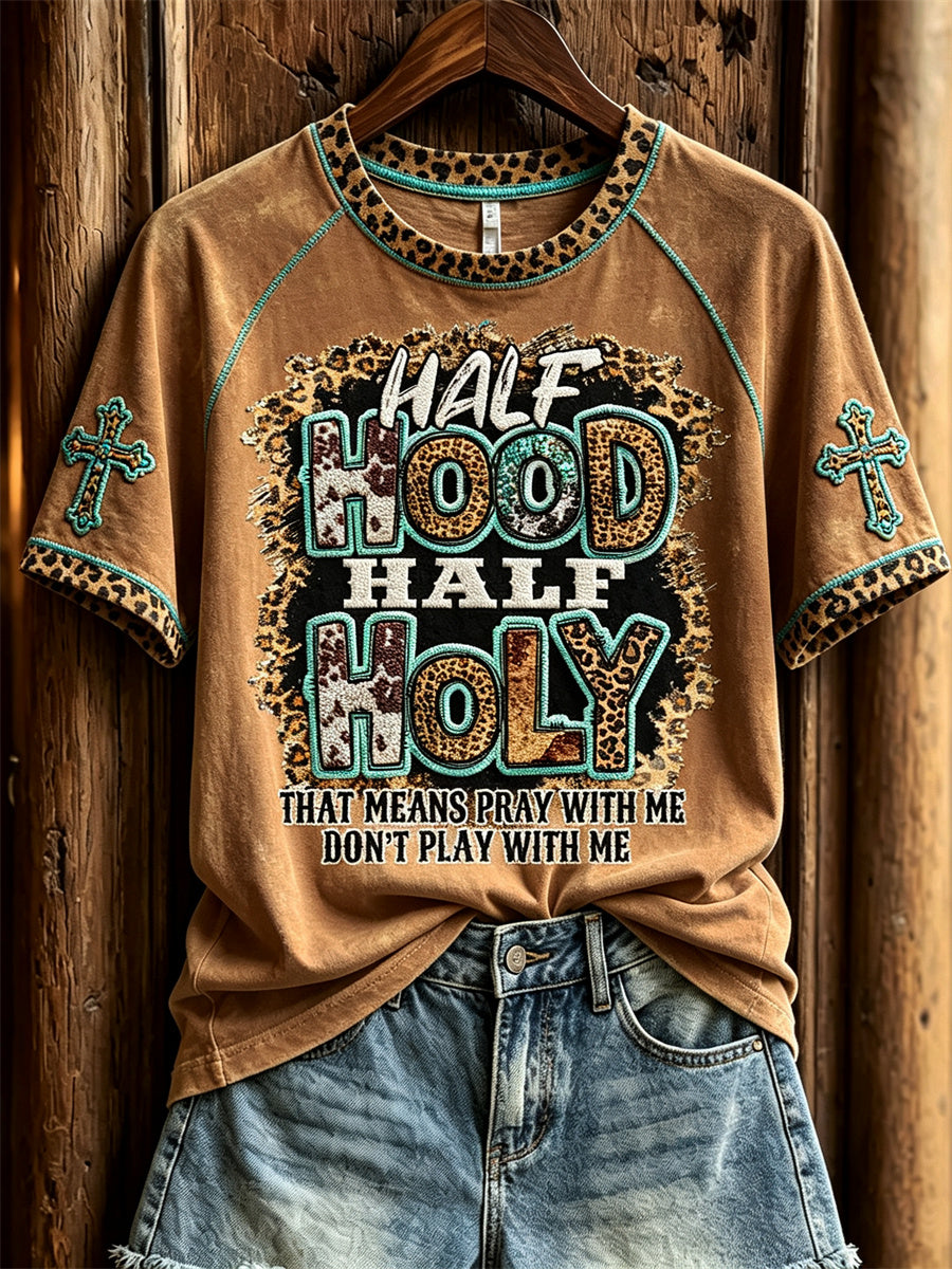 Women's Half Hood Half Holy Western Leopard Print short sleeve T-shirt