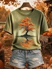 Women's Vintage Fall Tree Reflection Print Cozy Short-sleeved T-shirt