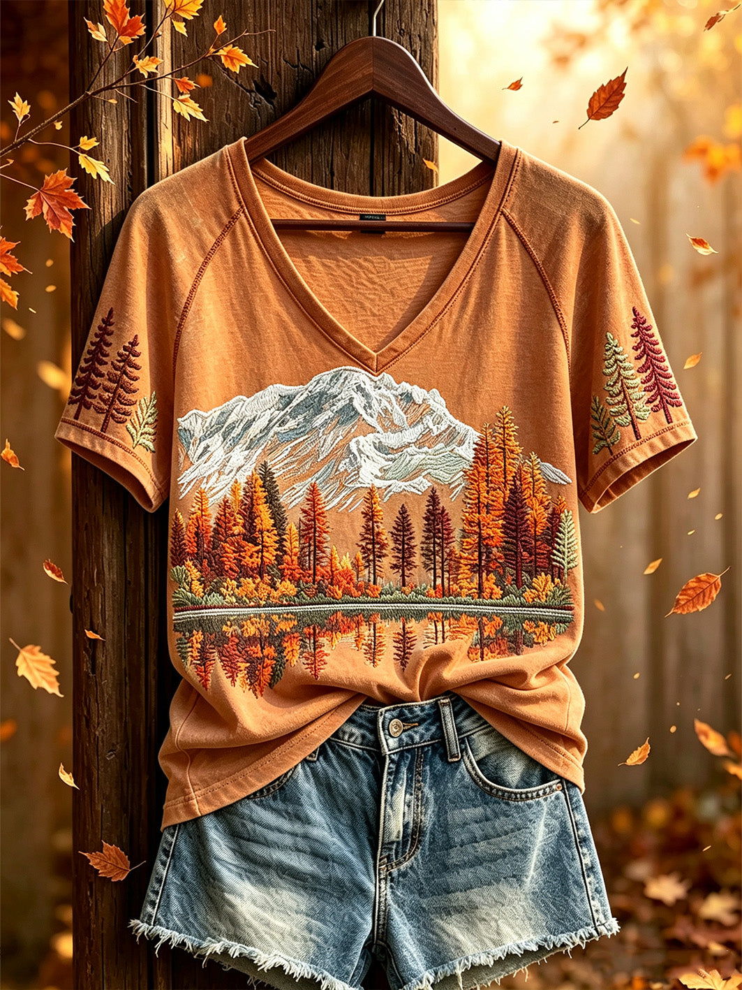 Women's autumn forest pattern printed casual short-sleeved T-shirt