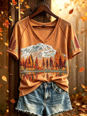 Women's autumn forest pattern printed casual short-sleeved T-shirt