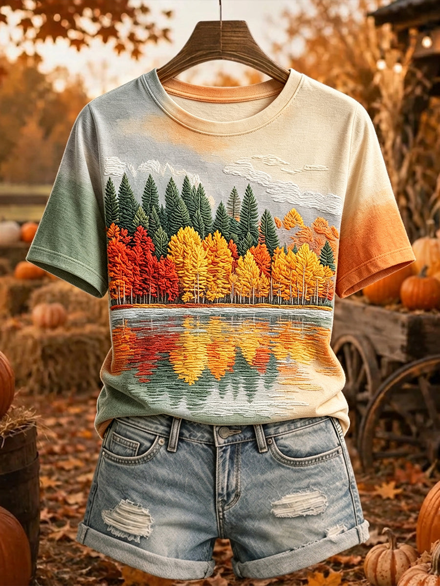 Women's Autumn Trees Reflection Print Casual Short-sleeved T-shirt