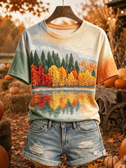 Women's Autumn Trees Reflection Print Casual Short-sleeved T-shirt