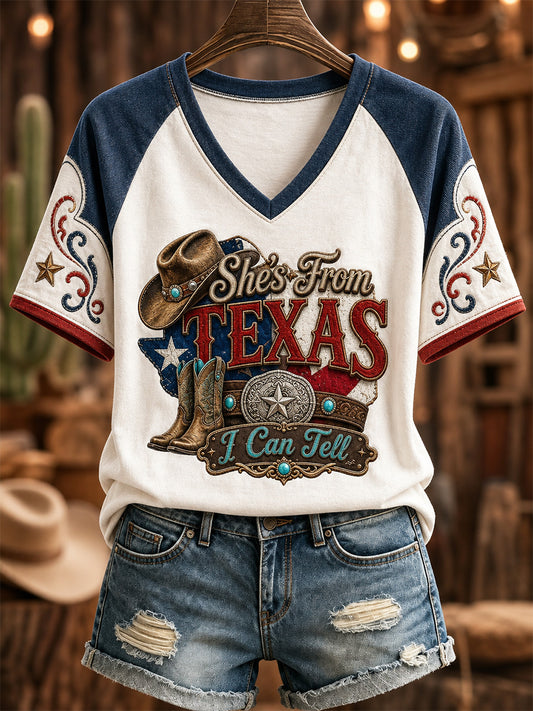 Women's She's From Texas I Can Tell Print Casual V-Neck Tee