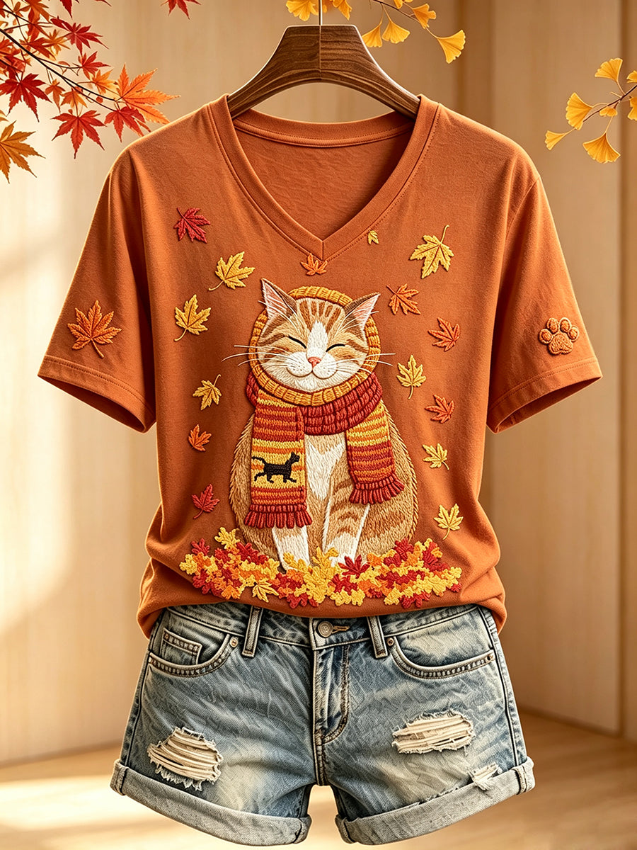 Women's Lovely Fall Cat Print Comfy Short-sleeved T-shirt