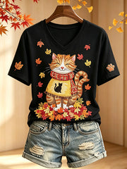 Women's Cute Fall Cat Print V Neck Short-sleeved T-shirt