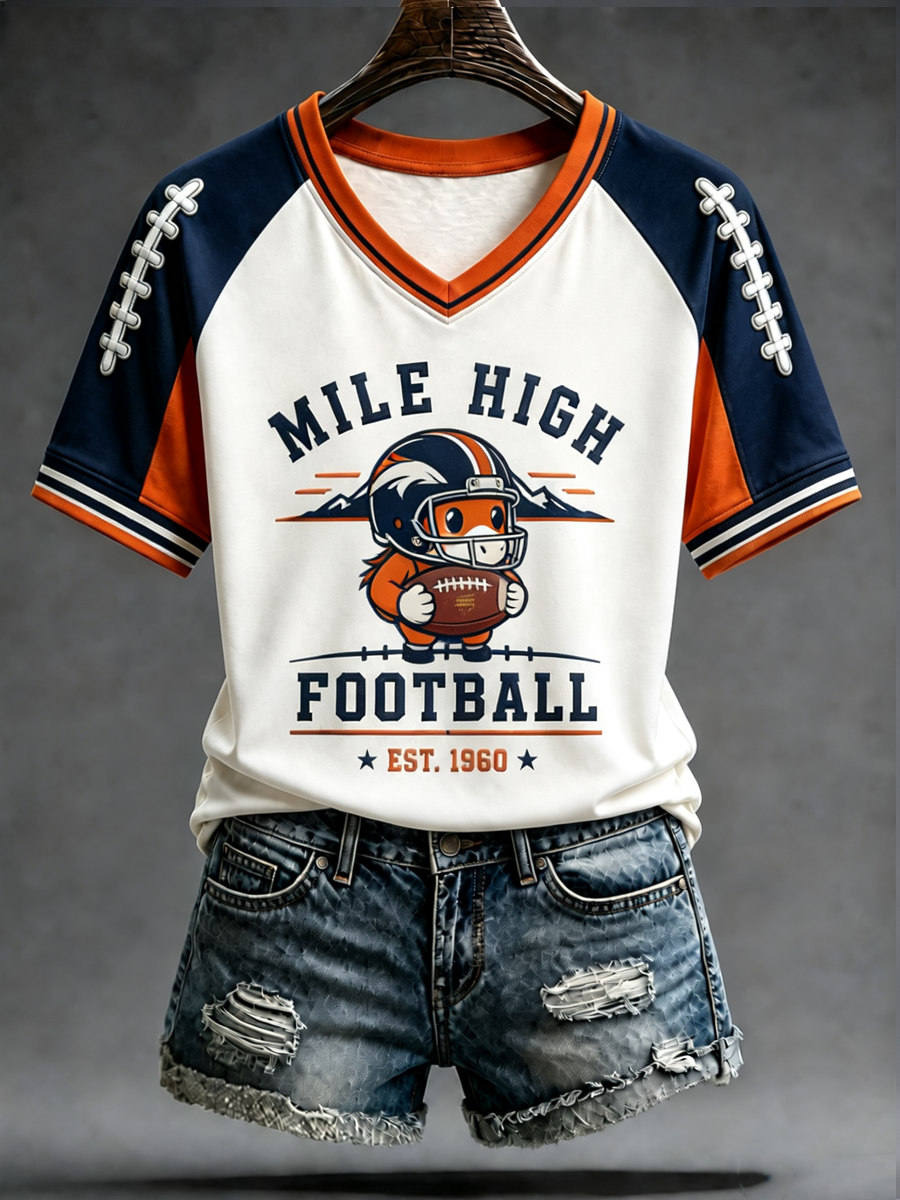 Women's Derver Football Lover Printed V-neck off-shoulder short-sleeved T-shirt