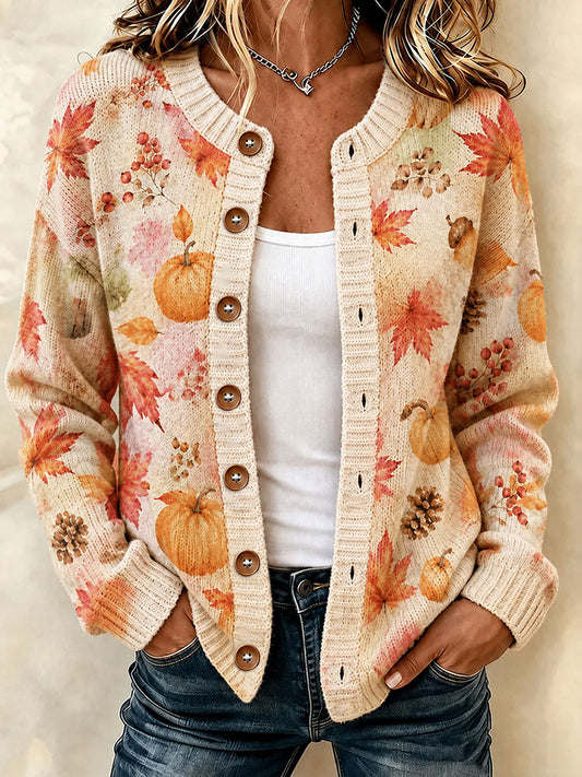 Women's Autumn Pumpkin and Maple Leaf Print Cardigan