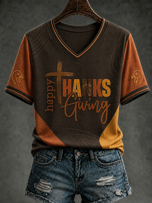 Women's Happy Thanksgiving Printed V-neck T-shirt