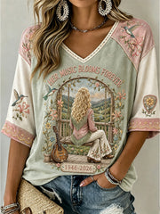 Women's Country Music Legend Tribute Casual Memorial  Mid-length Sleeves V-Neck T-Shirt