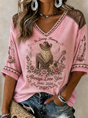 Women's Vintage Classic Country Music Inspired Western Print Memorial Mid-length Sleeves V-Neck T-Shirt
