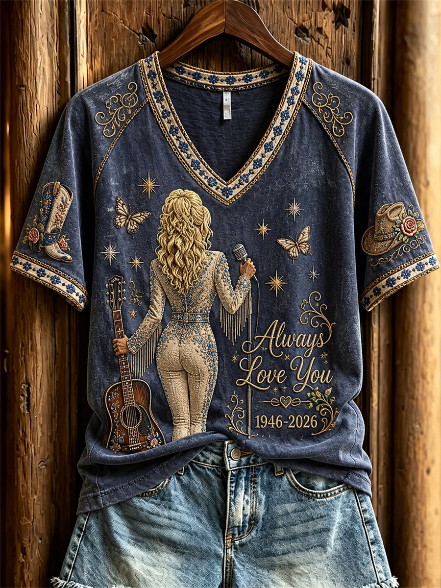 Women's Vintage Classic Country Music Inspired Western Print Memorial short-sleeved T-shirt