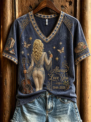 Women's Vintage Classic Country Music Inspired Western Print Memorial short-sleeved T-shirt