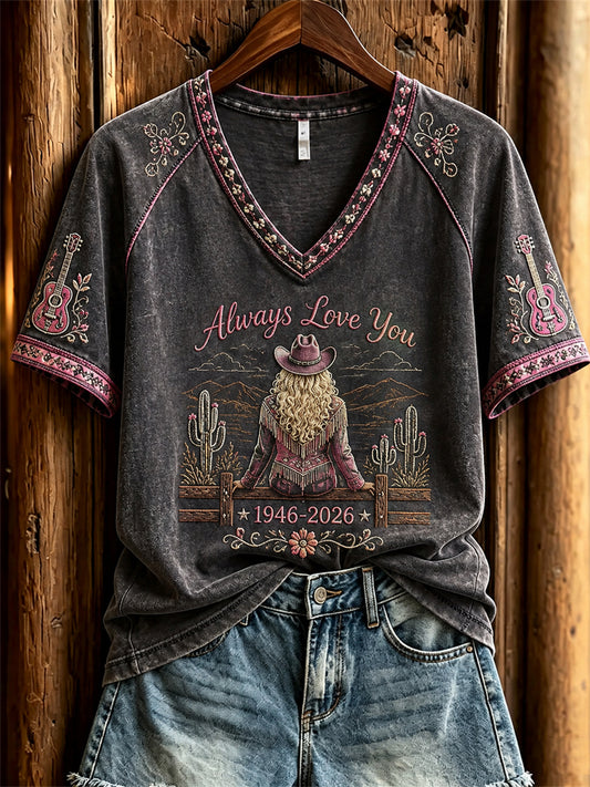Women's Vintage Classic Country Music Inspired Western Print Memorial short-sleeved T-shirt