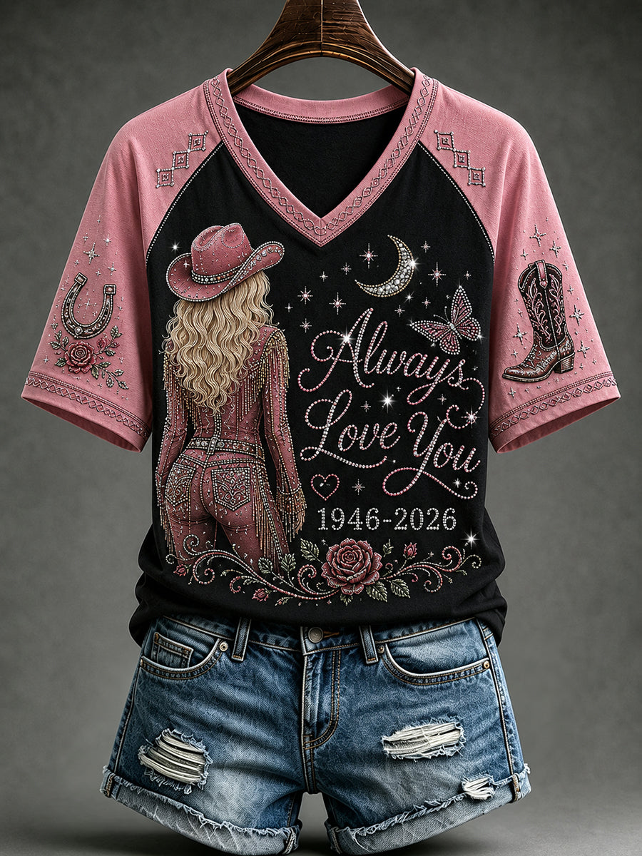 Women's Classic Country Music Inspired Glitter Print Memorial T-shirt