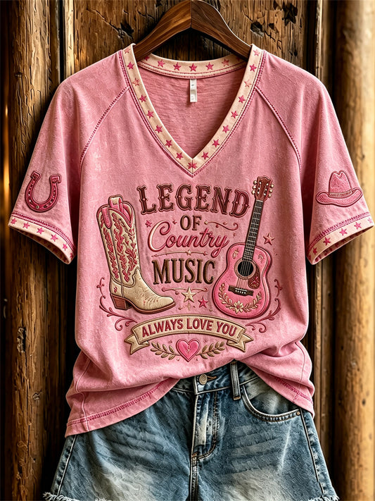 Women's Vintage Classic Country Music Inspired Western Print Memorial short-sleeved T-shirt