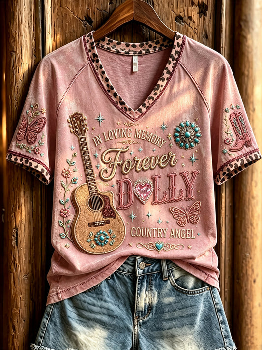 Women's Vintage Classic Country Music Inspired Western Print Memorial short-sleeved T-shirt
